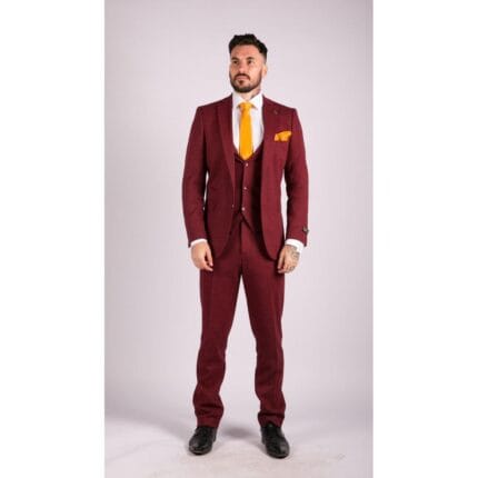 Mens Wool 3 Piece Suit Tweed Burgundy Black Tailored Fit Classic - Knighthood Store