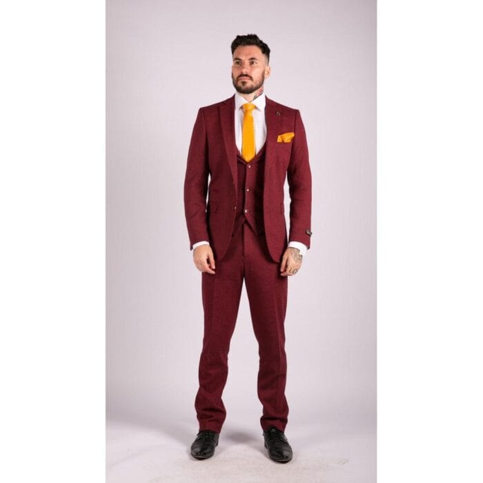 Mens Wool 3 Piece Suit Tweed Burgundy Black Tailored Fit Classic - Knighthood Store