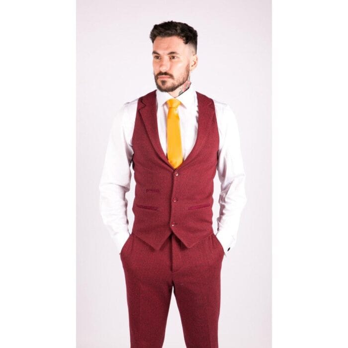 Mens Wool 3 Piece Suit Tweed Burgundy Black Tailored Fit Classic - Knighthood Store