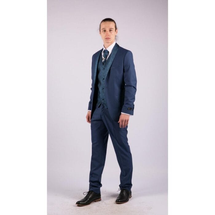 Mens 4 Piece Wedding Suit Groom Shawl Collar Vintage Blue Cravat Tailored Fit - Knighthood Store