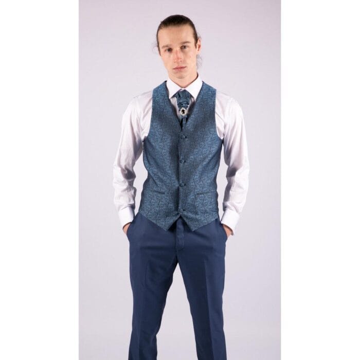 Mens 4 Piece Wedding Suit Groom Shawl Collar Vintage Blue Cravat Tailored Fit - Knighthood Store