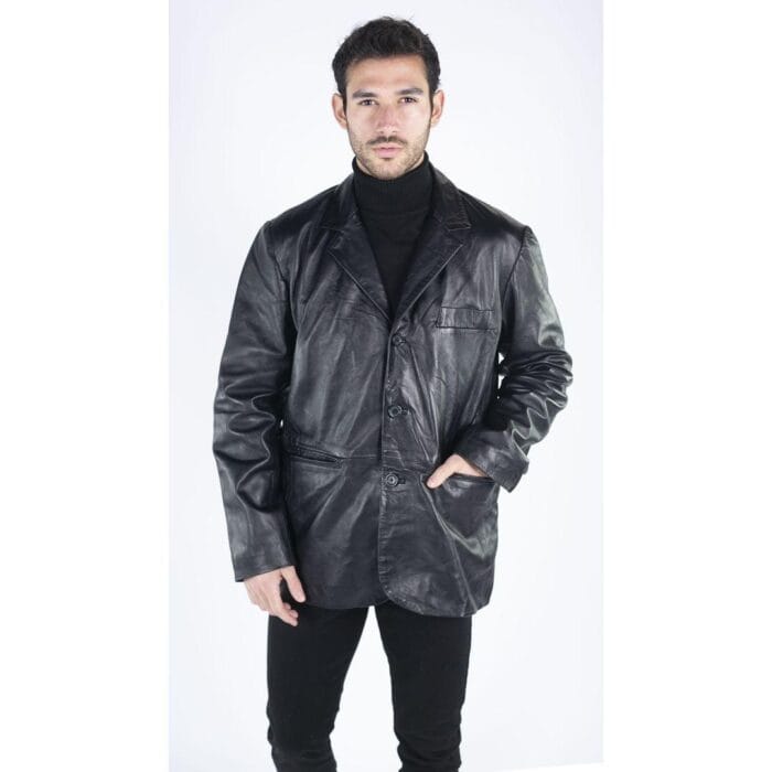 Mens Real Leather Jacket Black Smart Casual Classic Blazer Retro Vintage - Knighthood Store