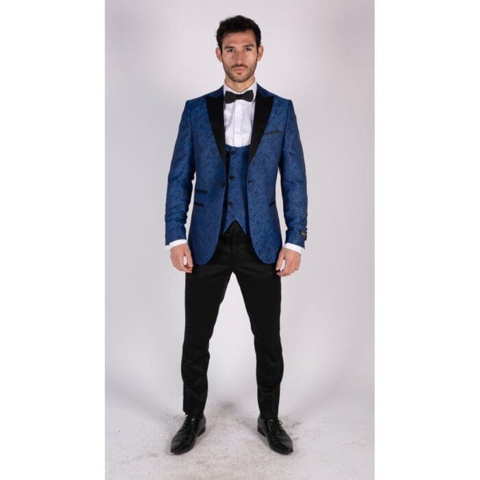 Mens Paisley Tuxedo Blazer And Waistcoat Brocade Dinner Jacket Satin Black Blue - Knighthood Store