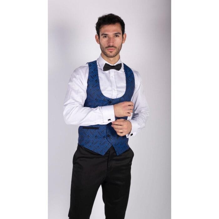 Mens Paisley Tuxedo Blazer And Waistcoat Brocade Dinner Jacket Satin Black Blue - Knighthood Store