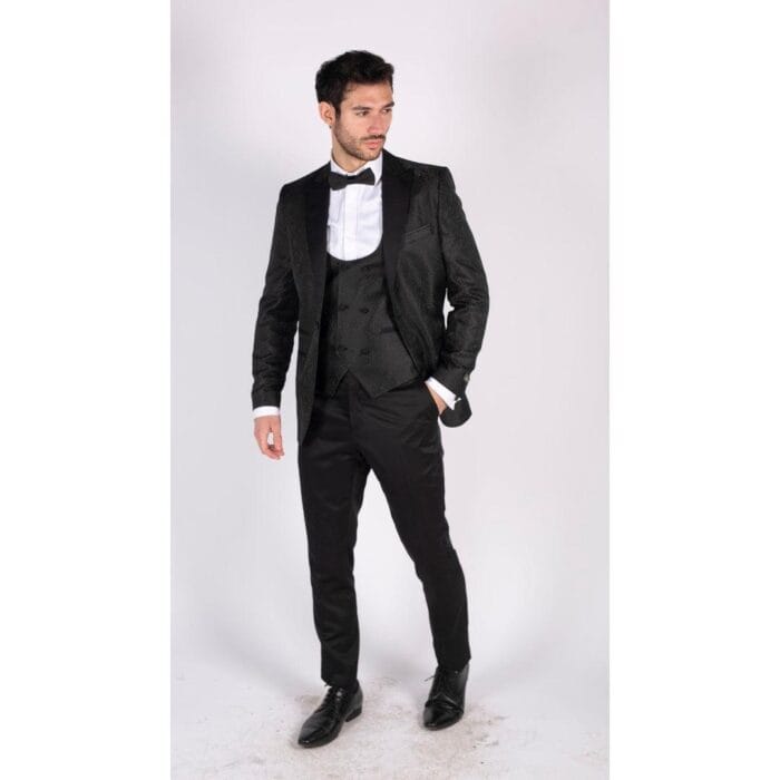 Mens Paisley Tuxedo Blazer And Waistcoat Brocade Dinner Jacket Satin Black Fit - Knighthood Store