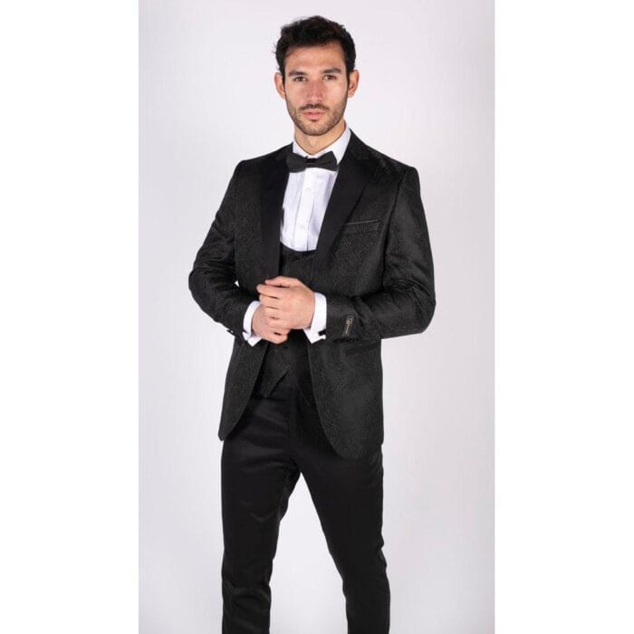 Mens Paisley Tuxedo Blazer And Waistcoat Brocade Dinner Jacket Satin Black Fit - Knighthood Store