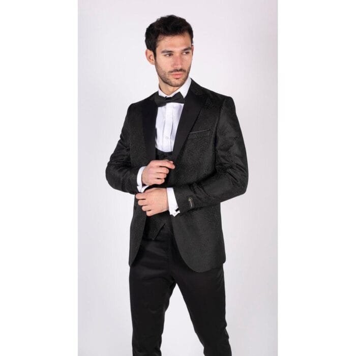 Mens Paisley Tuxedo Blazer And Waistcoat Brocade Dinner Jacket Satin Black Fit - Knighthood Store