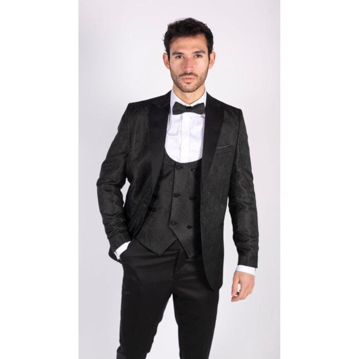 Mens Paisley Tuxedo Blazer And Waistcoat Brocade Dinner Jacket Satin Black Fit - Knighthood Store