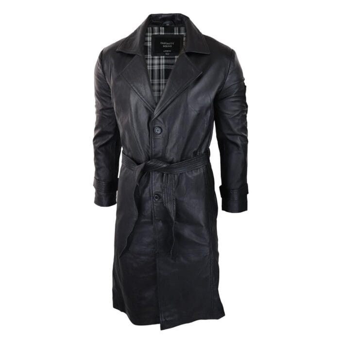 Mens Black 3/4 Mac Long Real Leather Classic Belted Punk Jacket Coat Vintage 80s - Knighthood Store