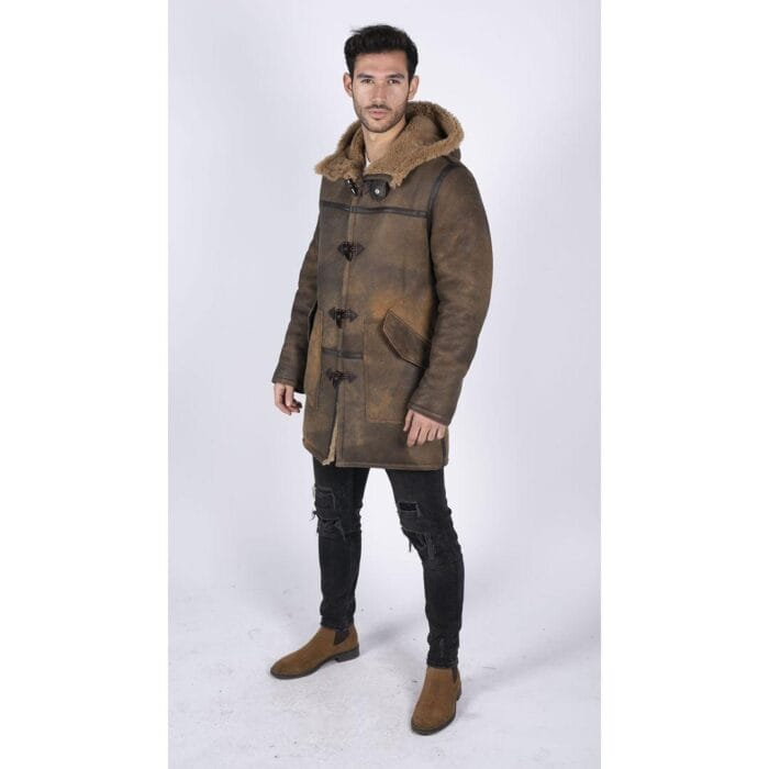 Mens Duffle 3/4 Coat Real Sheepskin Leather Jacket Toggle Classic Retro Brown - Knighthood Store