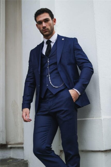 Mens Classic 3 Piece Suit Navy Blue Pocket Chain Wedding Tailored Fit Vintage Formal - Knighthood Store