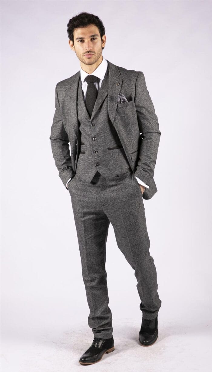 Mens Classic 3 Piece Suit Prince Of Wales Check Grey Tailored Fit Vintage Wedding - Knighthood Store