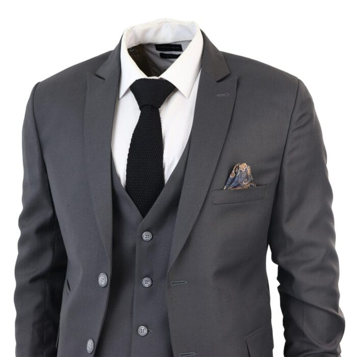 Men's Classic Charcoal Grey Suit 3 Piece Tailored Fit Vintage Office Wedding Prom - Knighthood Store