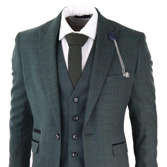 Mens 3 Piece Check Suit Tweed Olive Green Tailored Fit Wedding Peaky Classic - Knighthood Store
