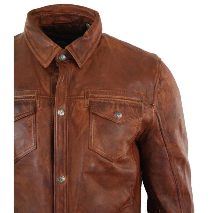 Mens Tan Timber Wine Red Washed Slim Fit Shirt Jacket Retro Smart Casual Genuine Leather - Knighthood Store