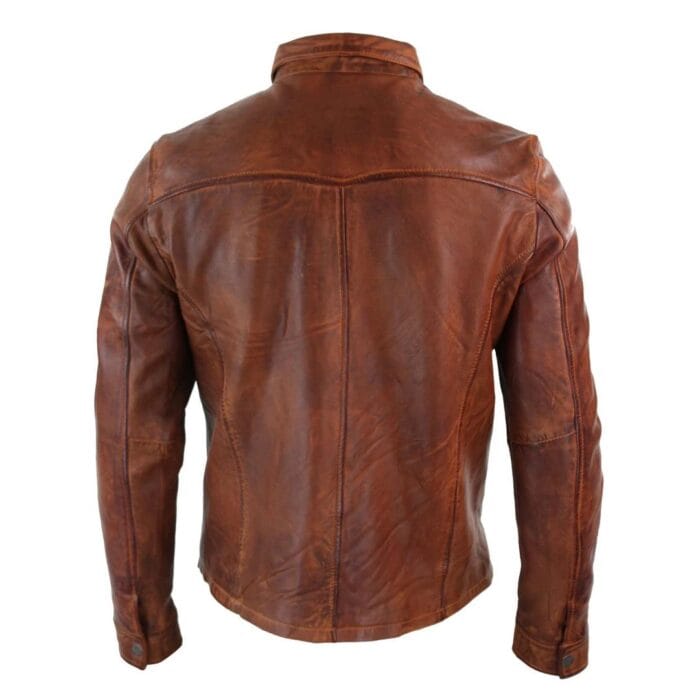 Mens Tan Timber Wine Red Washed Slim Fit Shirt Jacket Retro Smart Casual Genuine Leather - Knighthood Store