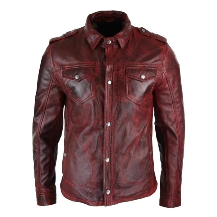 Mens Tan Timber Wine Red Washed Slim Fit Shirt Jacket Retro Smart Casual Genuine Leather - Knighthood Store