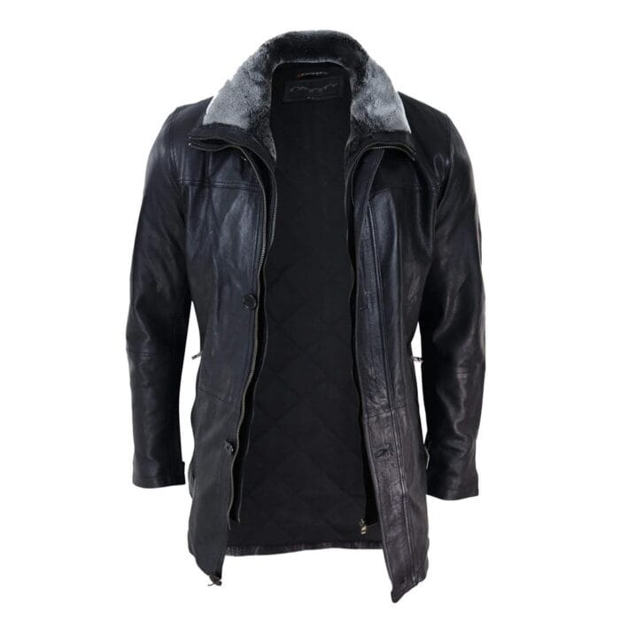 Mens 3/4 Long Real Leather Safari Jacket Classic Car Coat Zip Button Cover - Knighthood Store