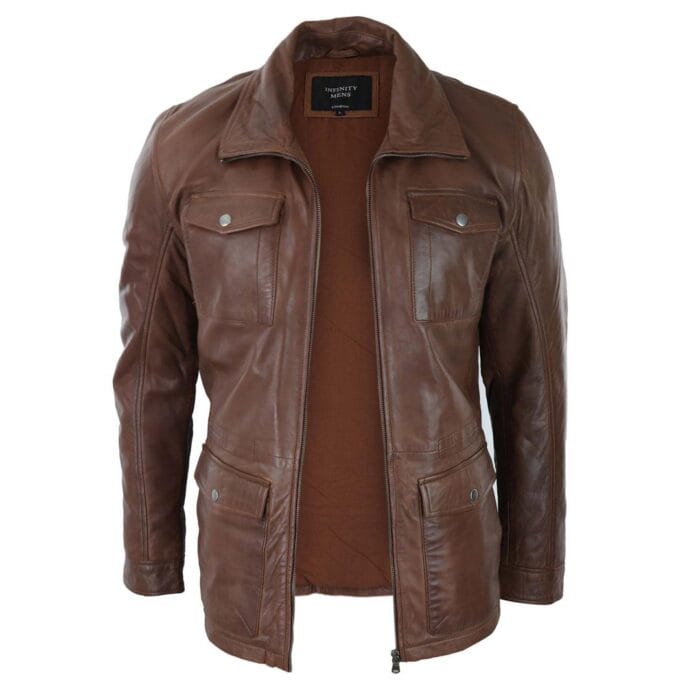 Mens Tan Brown 3/4 Jacket Real Leather Safari Hunting Country Coat Classic - Knighthood Store