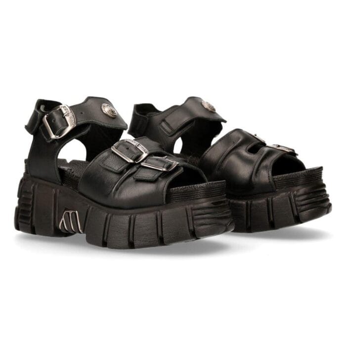 New Rock M-BIOS101-C2 Unisex Metallic Black 100% Leather Sandal Punk Rock Boots - Knighthood Store