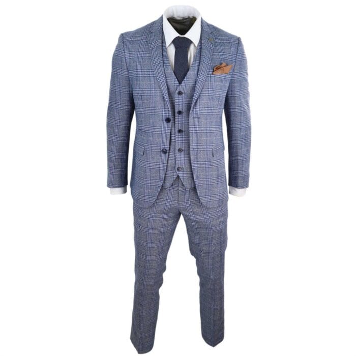 Mens Blue 3 Piece Suit Vintage Navy Tan Check Tailored Fit Classic Gatsby 1920s - Knighthood Store