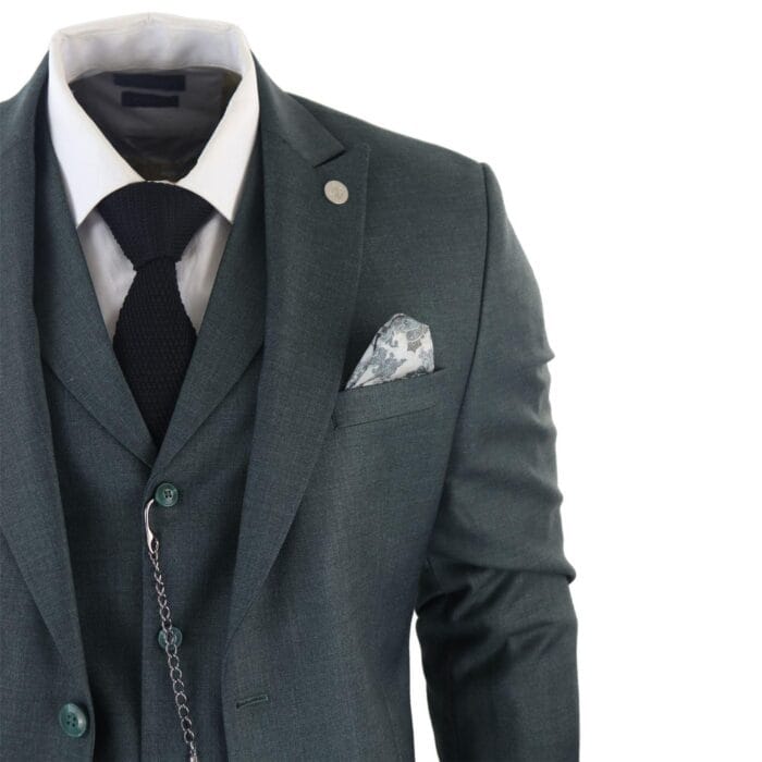 Mens Classic 3 Piece Suit Olive Green Pocket Chain Wedding Tailored Fit Vintage Formal - Knighthood Store