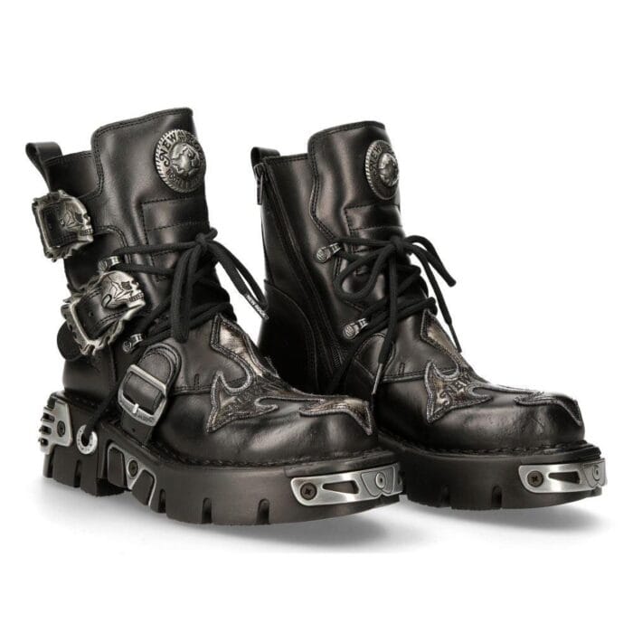 New Rock Mens 407-S1 Silver Cross Black Reactor Sole Leather Ankle Boots Gothic - Knighthood Store