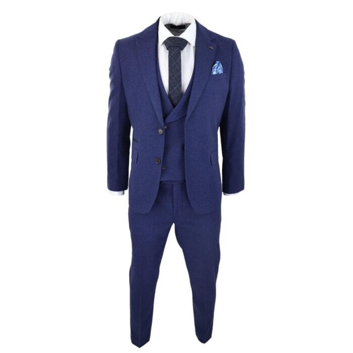 Mens Wool 3 Piece Blue Suit Double Breasted Waistcoat Wedding Party Vintage 1920s - Knighthood Store