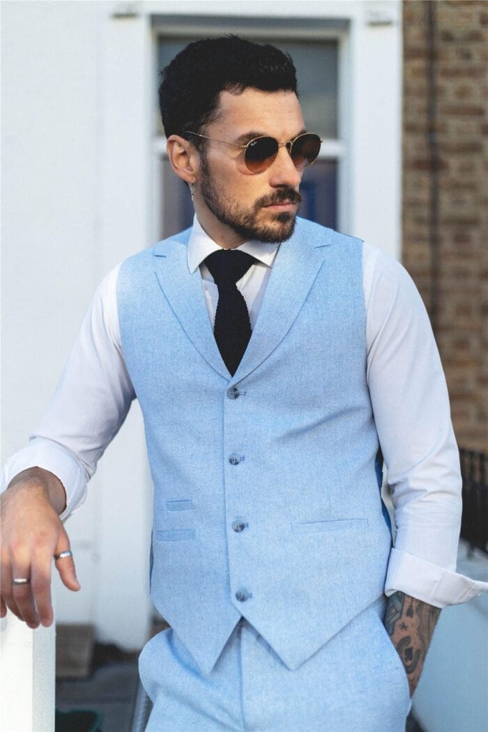 Mens Summer Suit Waistcoat Trousers Linen Smart Formal Baby Blue Wedding - Knighthood Store