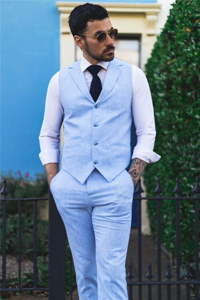 Mens Summer Suit Waistcoat Trousers Linen Smart Formal Baby Blue Wedding - Knighthood Store