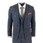 Mens Blue Check 3 Piece Suit Herringbone Tweed Vintage Tailored Fit Grey Velvet - Knighthood Store