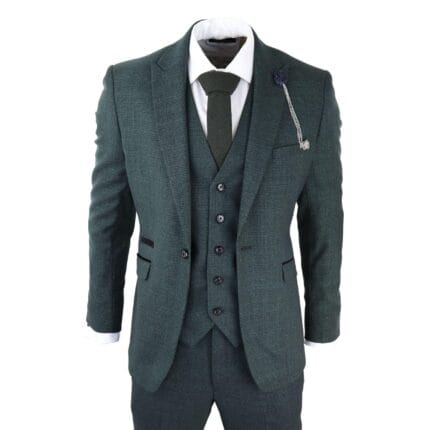 Mens 3 Piece Check Suit Tweed Olive Green Tailored Fit Wedding Peaky Classic - Knighthood Store