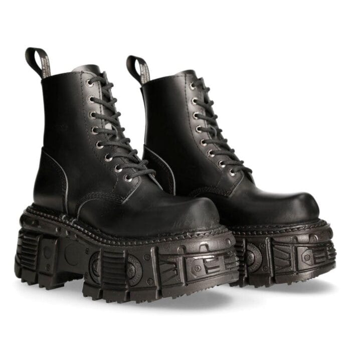 New Rock M-MILI084N-S5 Unisex Black 100% Leather Platform Military Boots - Knighthood Store