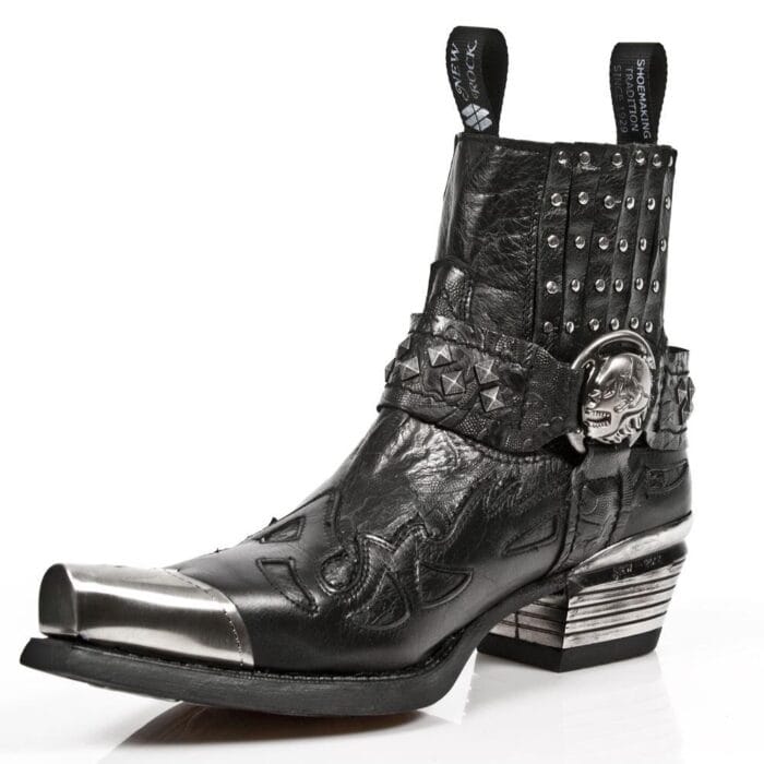 New Rock 7950P-S1 Black Leather Military Cowboy Boots Metal Toe Heel Biker Rock - Knighthood Store