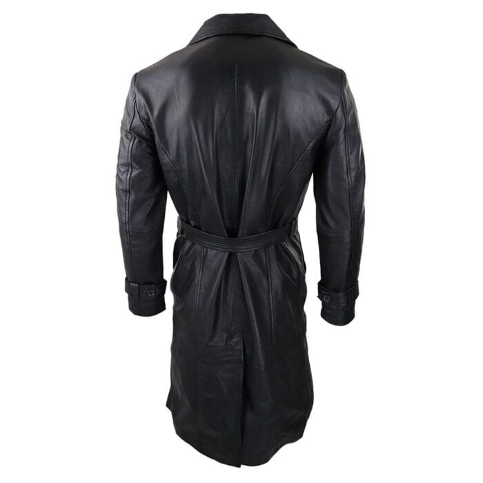 Mens Black 3/4 Mac Long Real Leather Classic Belted Punk Jacket Coat Vintage 80s - Knighthood Store