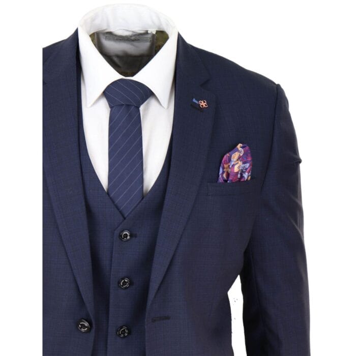 Mens 3 Piece Suit Navy Tailored Fit Classic Retro Vintage Wedding Prom Office - Knighthood Store