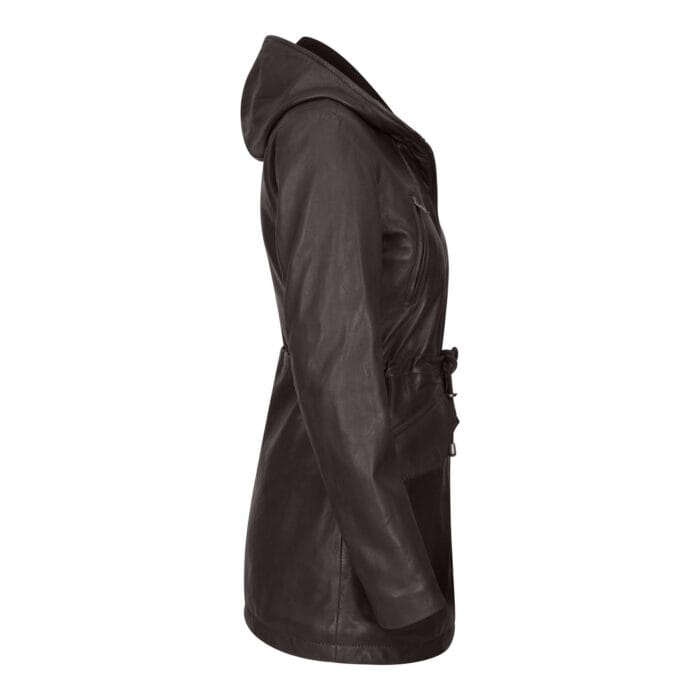Womens Real Leather Peacoat Hooded Parka Jacket Navy Blue Brown Tailored Fit 3/4 Long - Knighthood Store