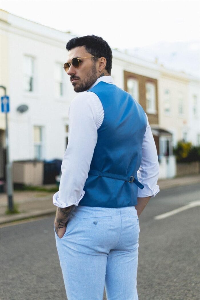 Mens Summer Suit Waistcoat Trousers Linen Smart Formal Baby Blue Wedding - Knighthood Store