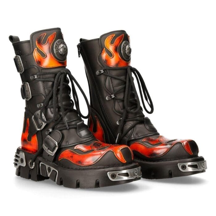 New Rock 107-S1 Red Skull Devil Black Leather Boot Biker Goth Rock Boots - Knighthood Store