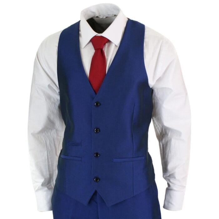 Mens 3 Piece Shiny Blue Wedding Prom Party Suit Tailored Fit Smart Formal - Knighthood Store