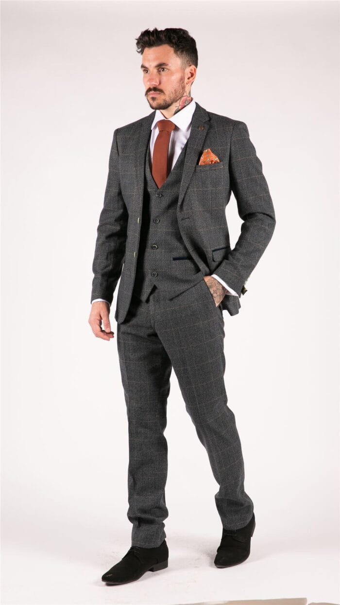 Mens Blue Check 3 Piece Suit Herringbone Tweed Vintage Tailored Fit Grey Velvet - Knighthood Store