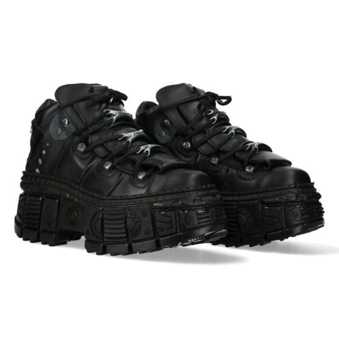 New Rock Boots Punk Rock WALL106-S12 Metallic Black Leather Platform Boots - Knighthood Store