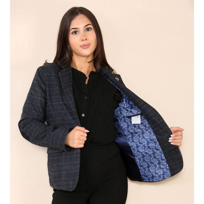 Womens Tweed Check Waistcoat Blazer Suit Navy Blue Classic Vintage Elboy Patch 1920s - Knighthood Store