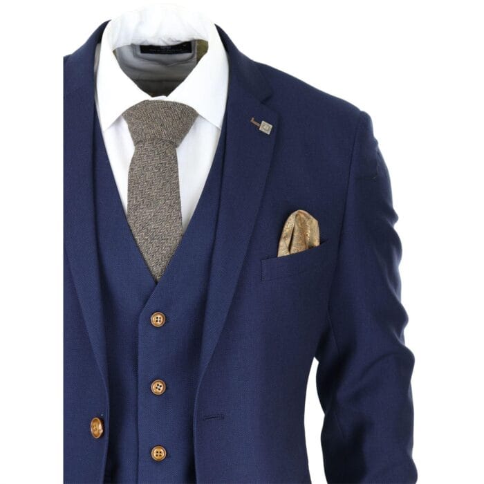 Mens Navy 3 piece Suit Brown Trim Classic Birdseye Vintage Wedding Grooms - Knighthood Store