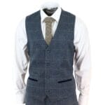 Mens Blue Check 3 Piece Suit Herringbone Tweed Vintage Tailored Fit Grey Velvet - Knighthood Store