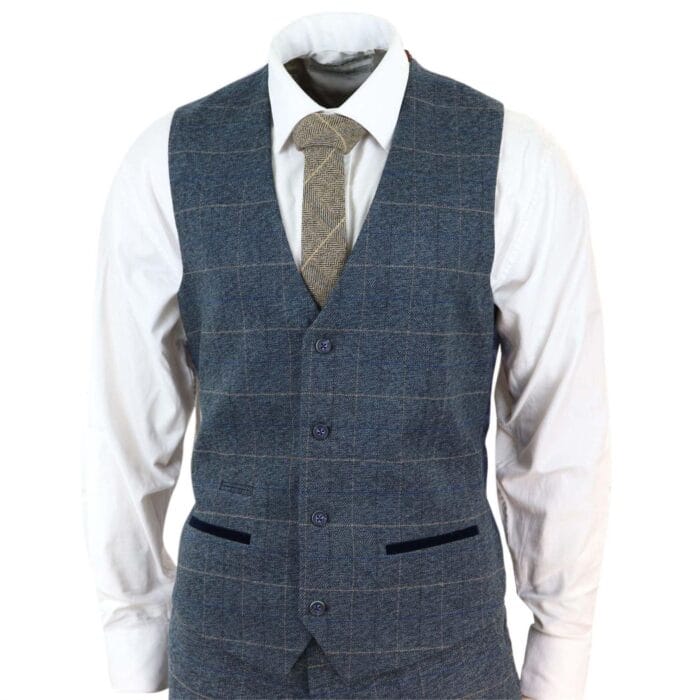 Mens Blue Check 3 Piece Suit Herringbone Tweed Vintage Tailored Fit Grey Velvet - Knighthood Store