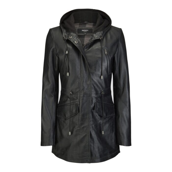 Womens Real Leather Peacoat Hooded Parka Jacket Navy Blue Brown Tailored Fit 3/4 Long - Knighthood Store