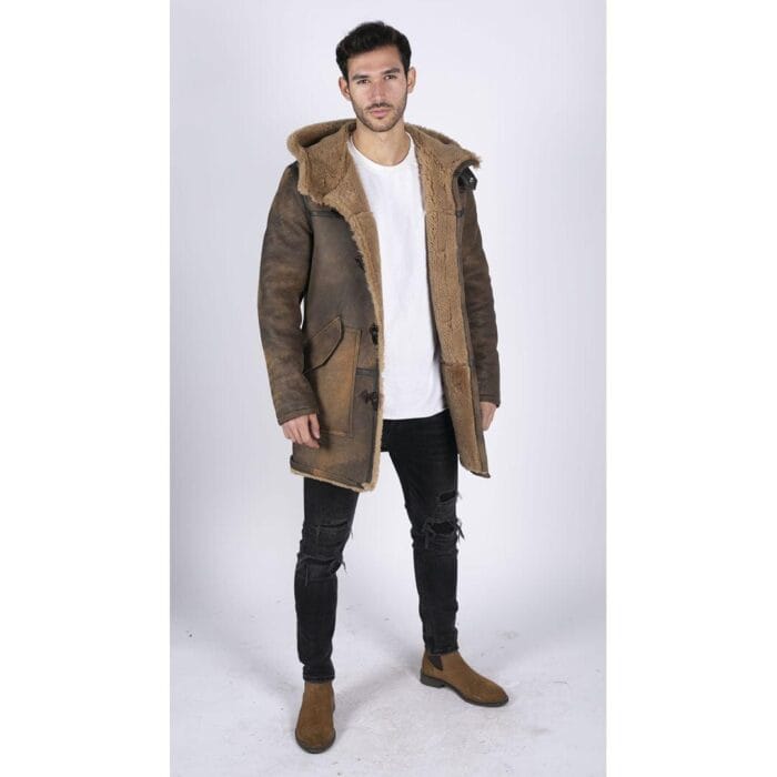 Mens Duffle 3/4 Coat Real Sheepskin Leather Jacket Toggle Classic Retro Brown - Knighthood Store