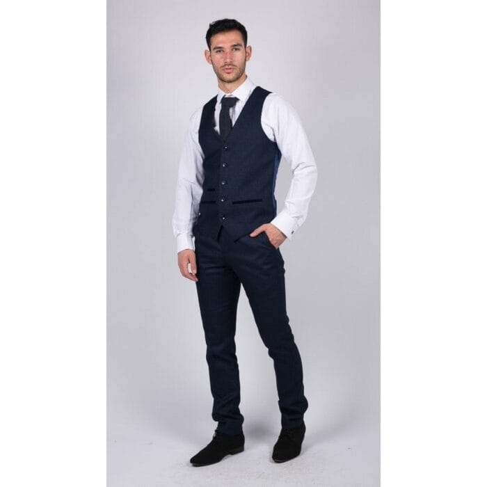 Mens Navy Blue 3 Piece Suit Birdseye Suit Wedding Prom Formal Smart Classic - Knighthood Store