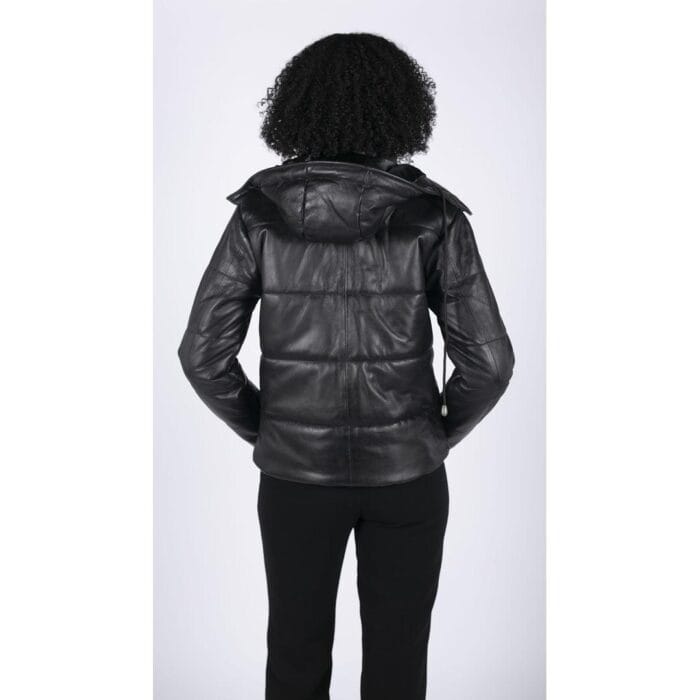 Womens Short Puffer Hood Jacket Real Leather Black Casual Retro 80s Classic - Knighthood Store